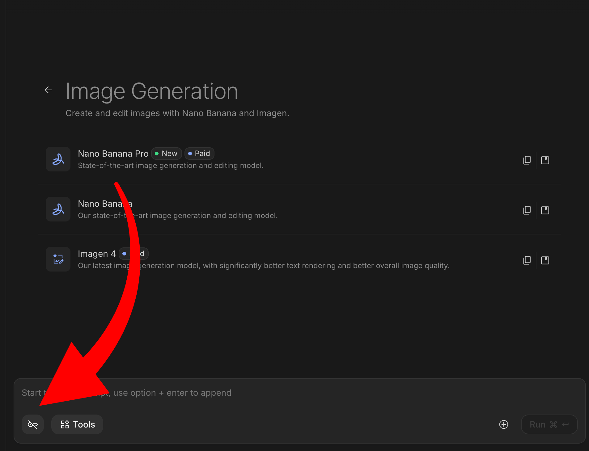 Google AI Studio showing Nano Banana Pro, Nano Banana, and Imagen 4 models with arrow pointing to Get API key button
