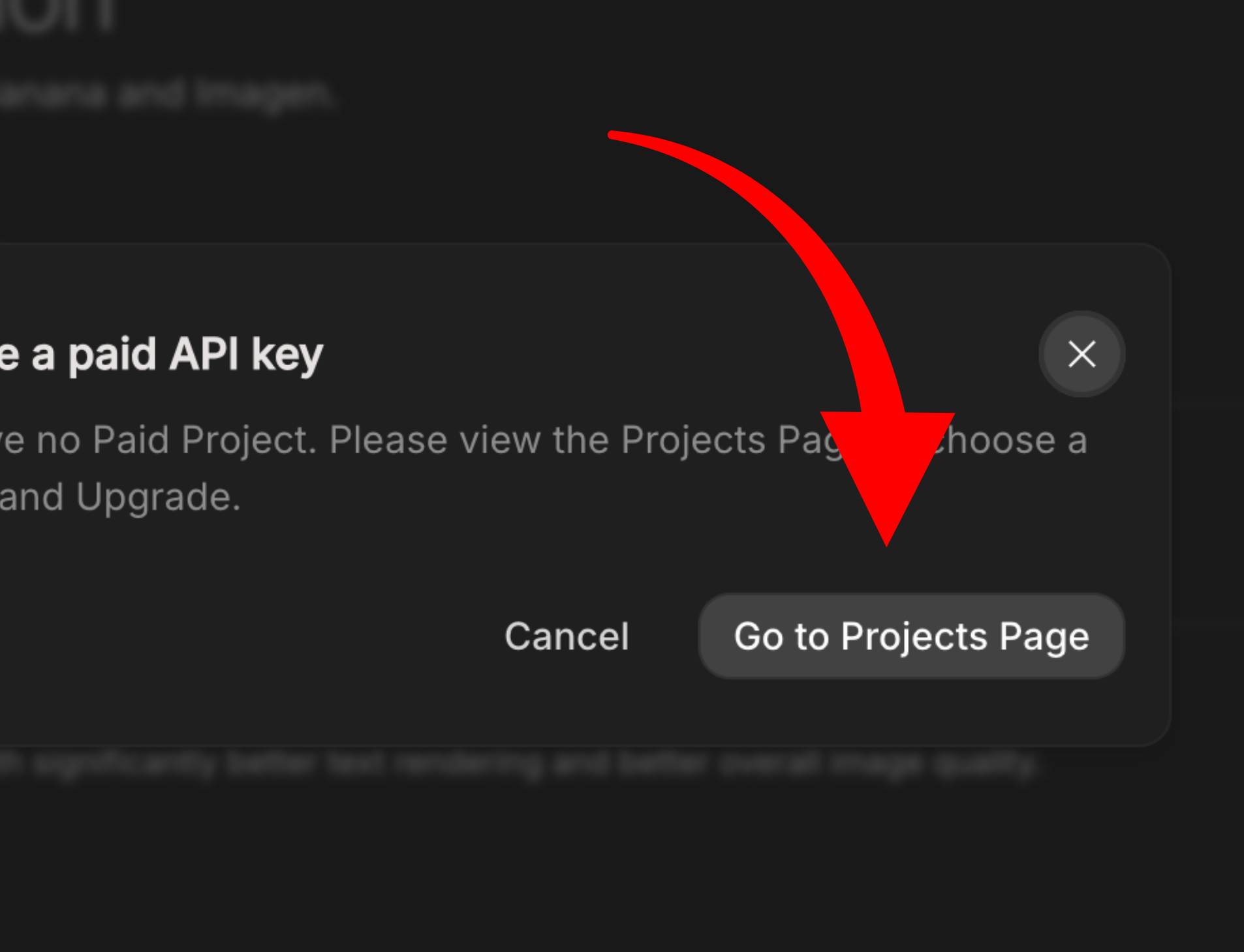 Dialog showing Go to Projects Page button with red arrow pointing to it