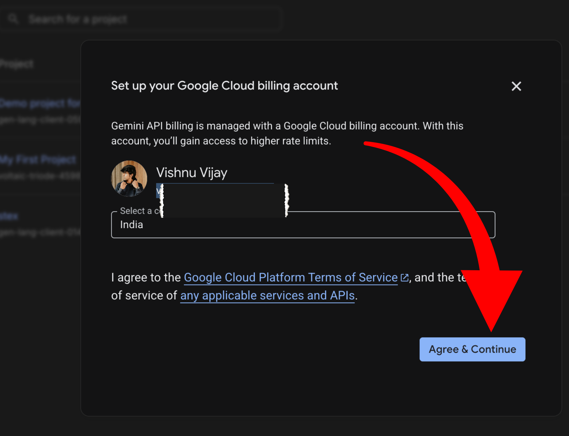 Google Cloud billing setup dialog showing Agree and Continue button with red arrow