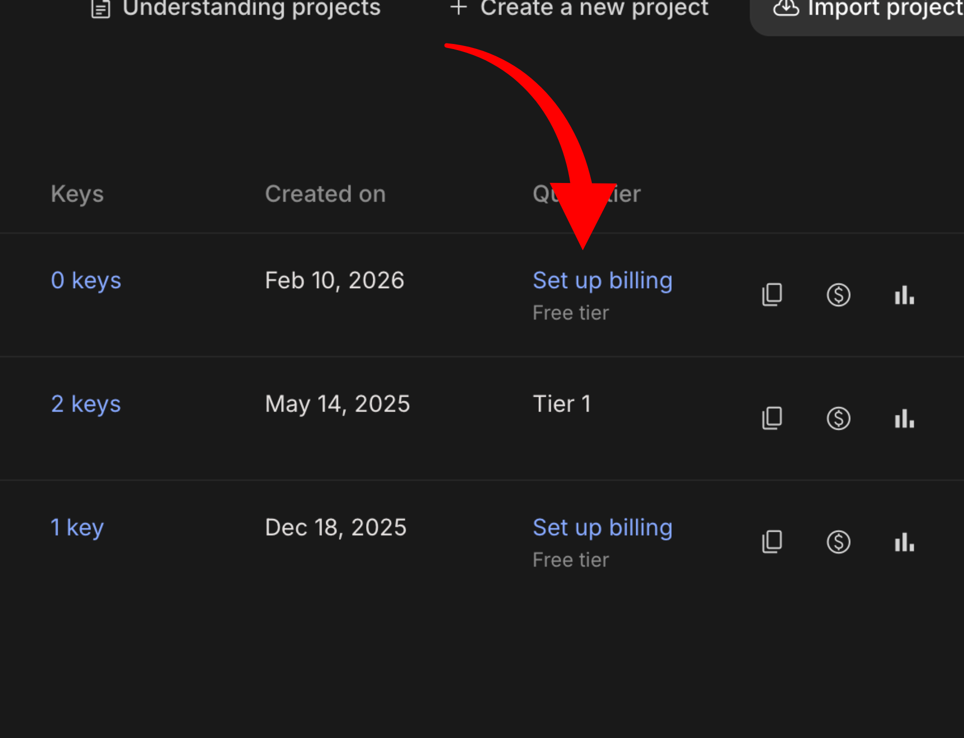 Projects page showing Set up billing link and tier status with red arrow pointing to Set up billing